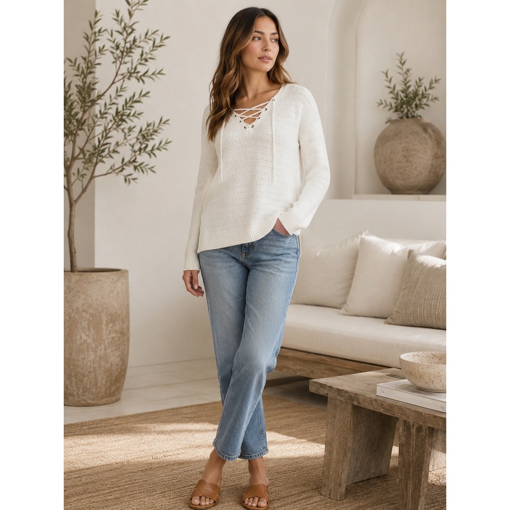 Athleta XXS White Textured Knit V-Neck Sweater Pullover Long Sleeve Casual - Picture 2 of 12